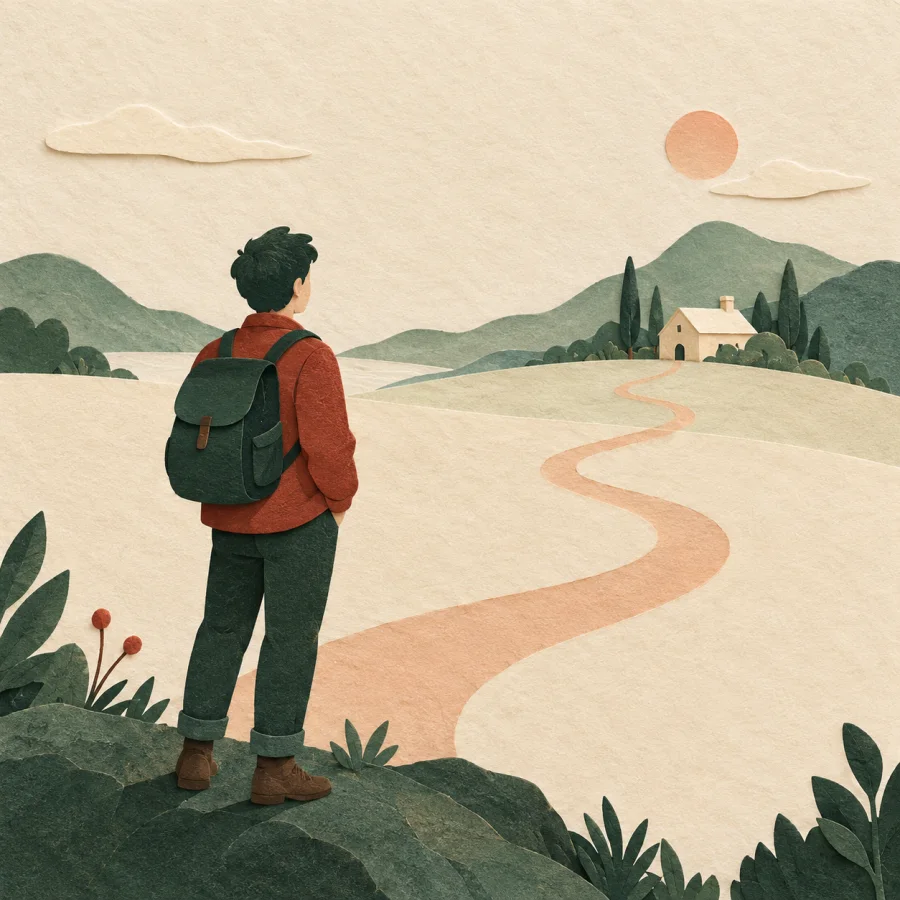 Une personne qui regarde une maison au loin