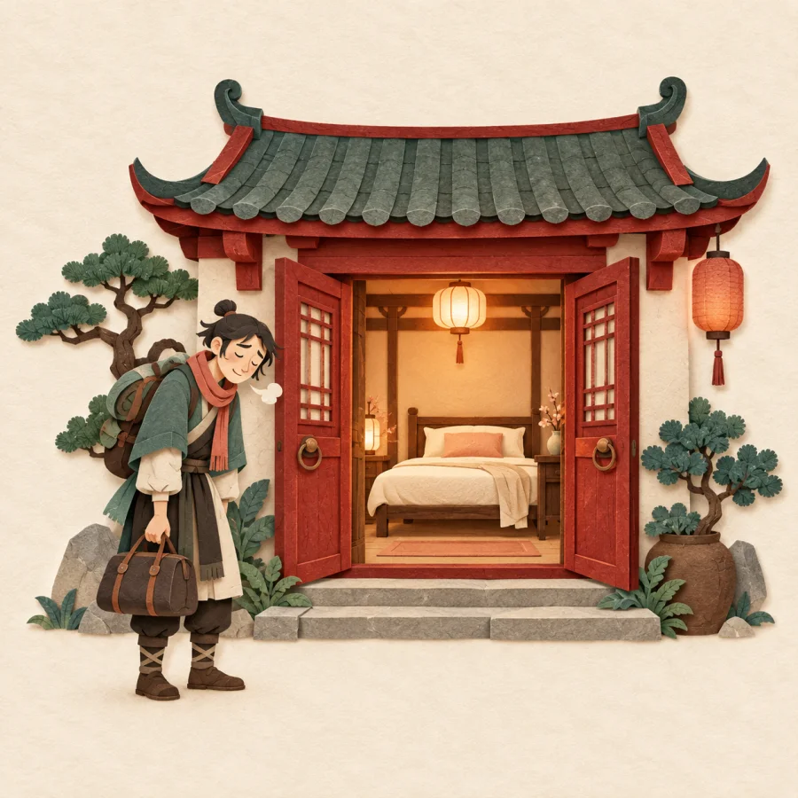 Un voyageur devant une auberge