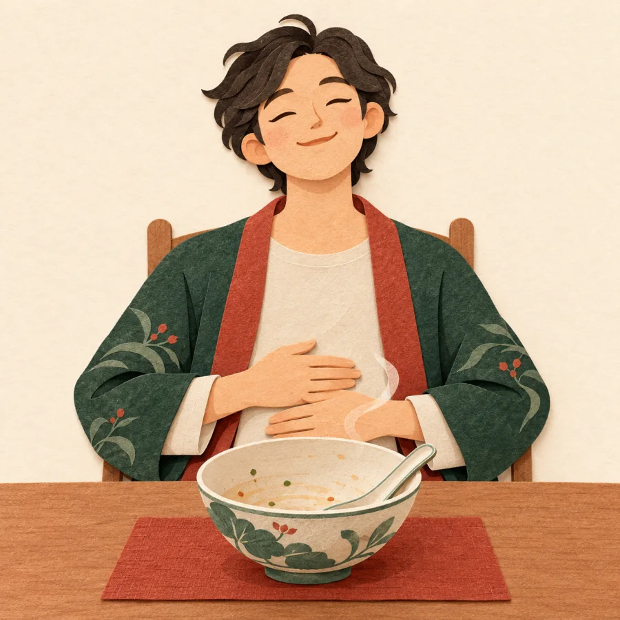 Une personne souriante après un repas