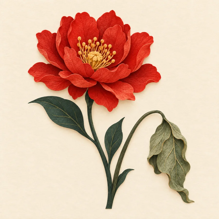 A flower beside a wilted leaf