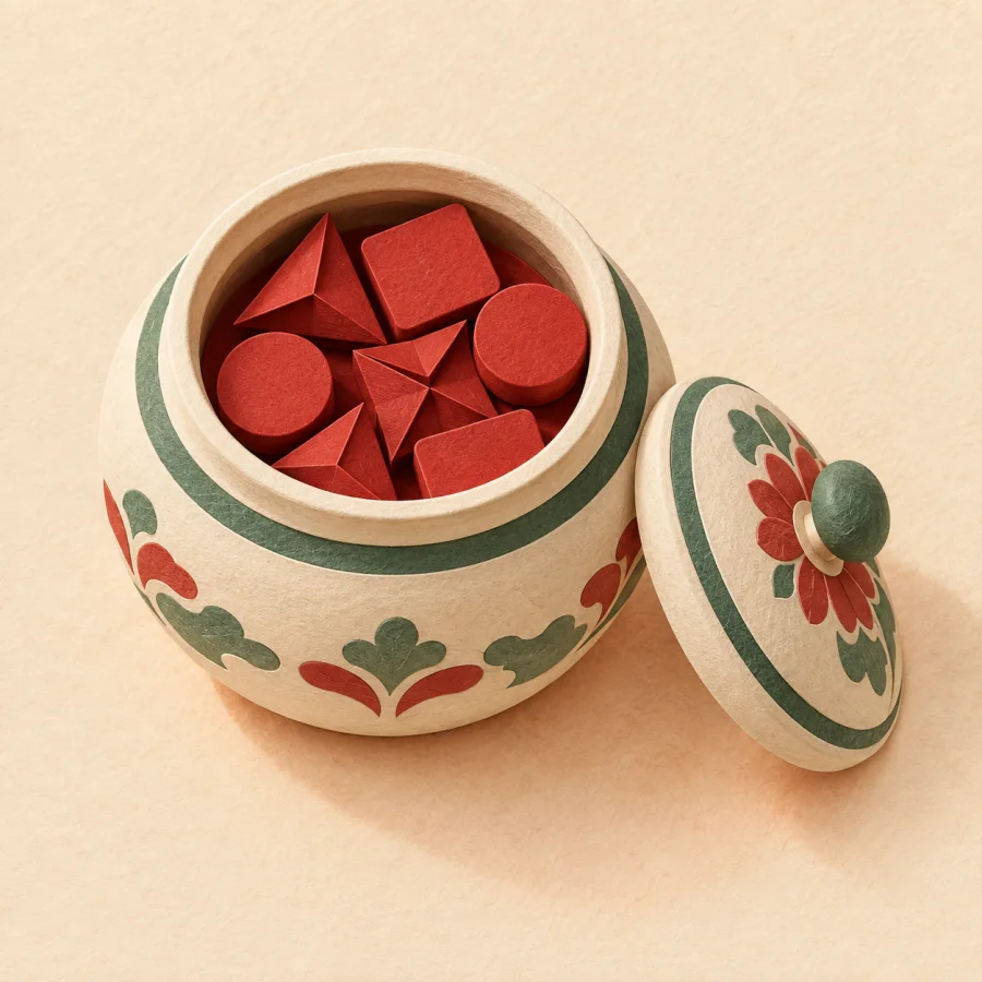 An open jar with shapes inside