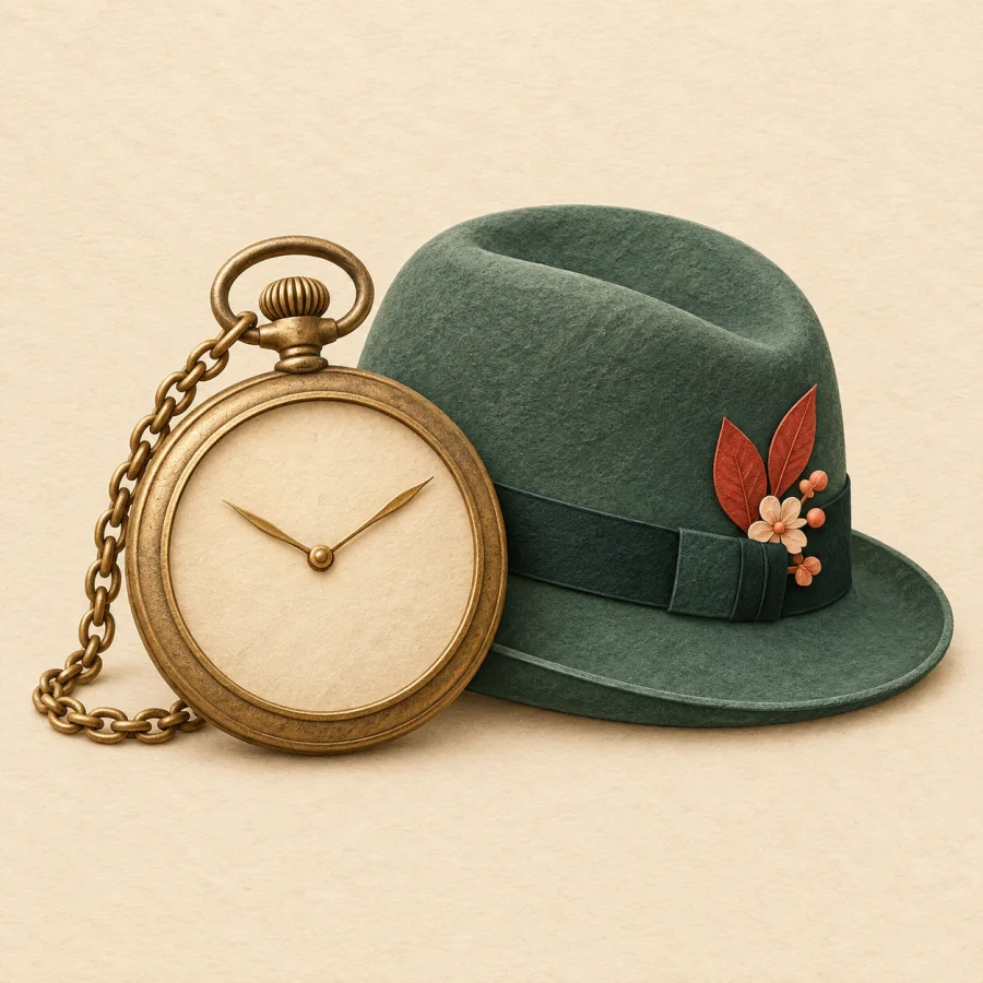 Jam tangan kuno di samping topi