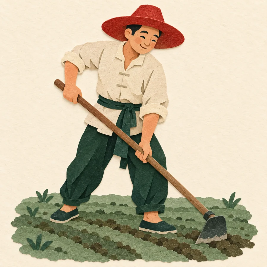 Un agricultor con una azada