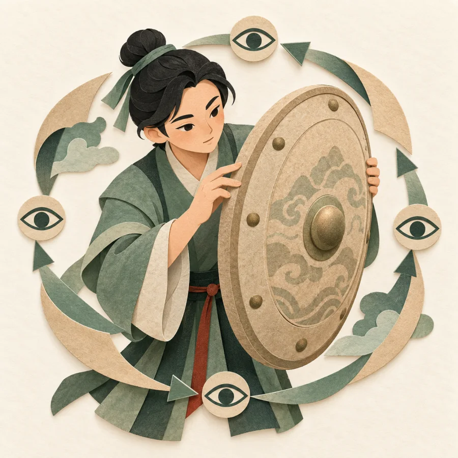 A person examining a shield
