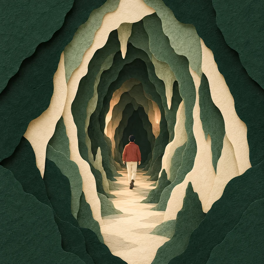 Eine Person geht in eine Höhle hinein