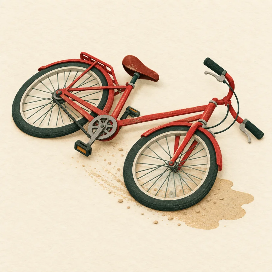 Ein umgekipptes Fahrrad neben einer Pfütze