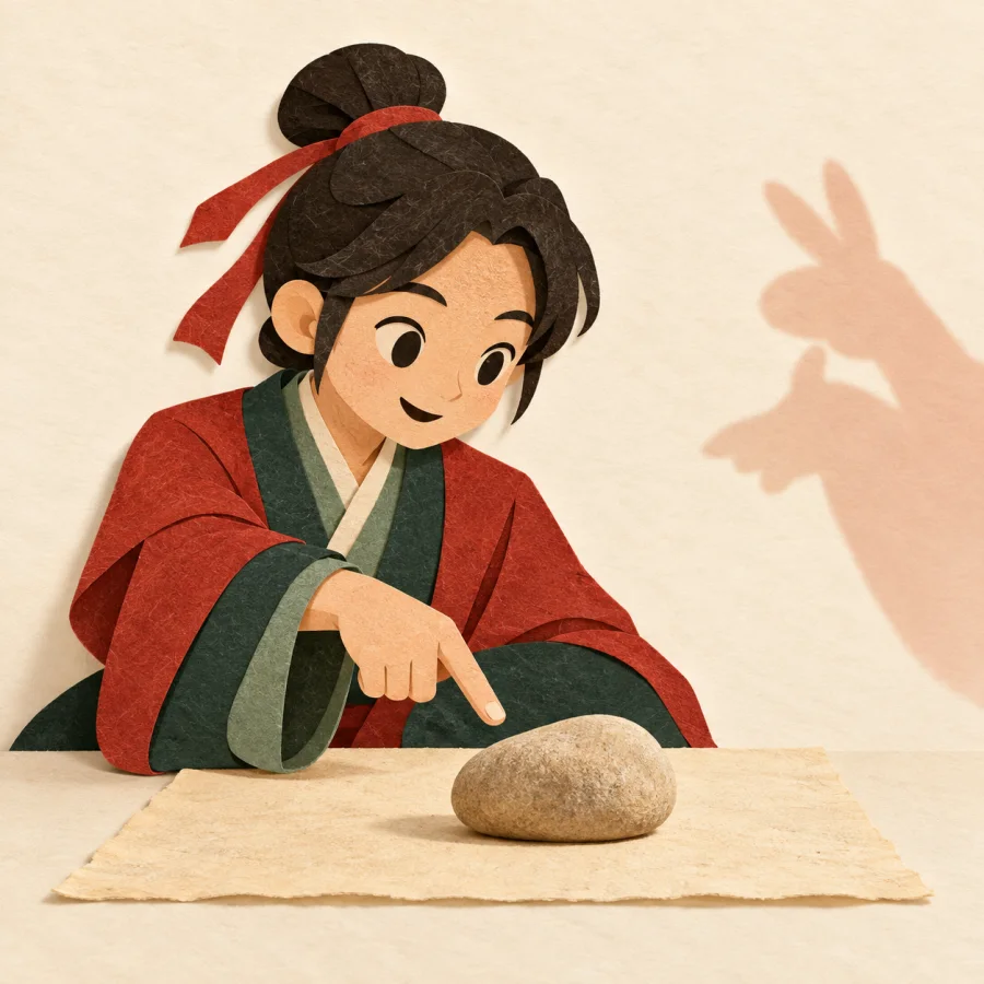 A person pointing to a stone