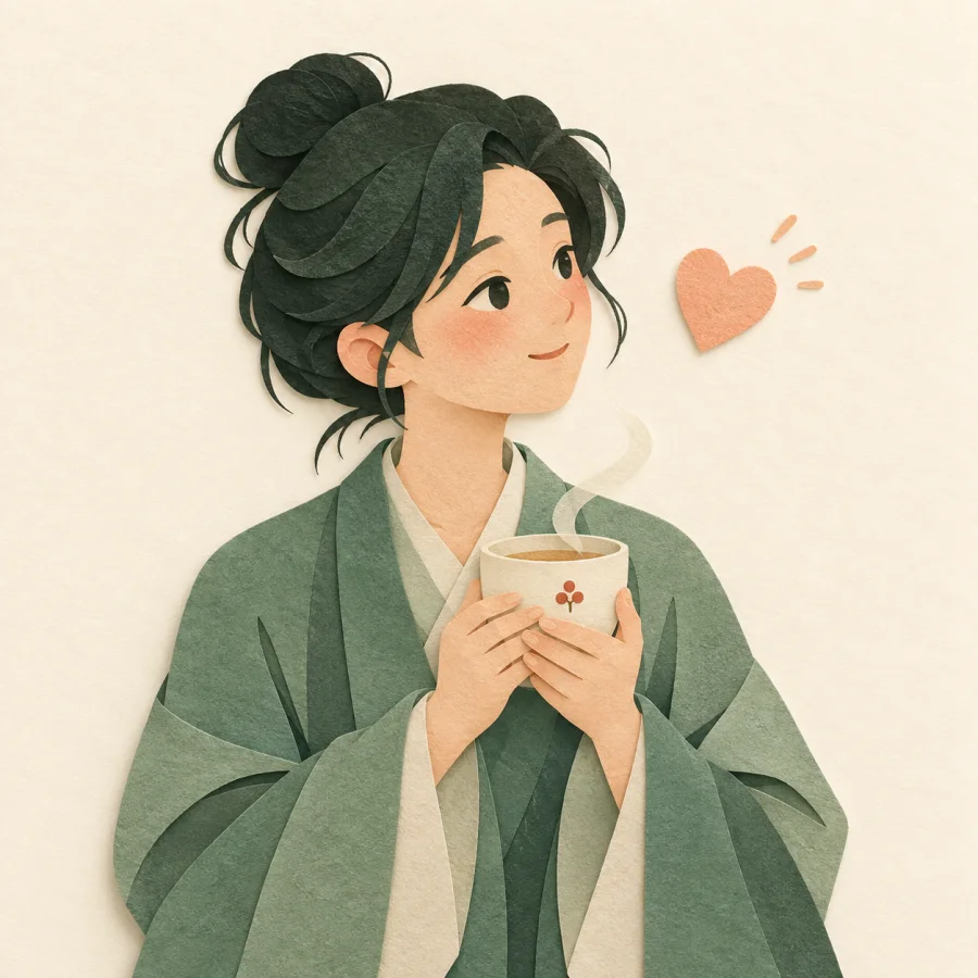 Une personne réfléchissant avec une tasse