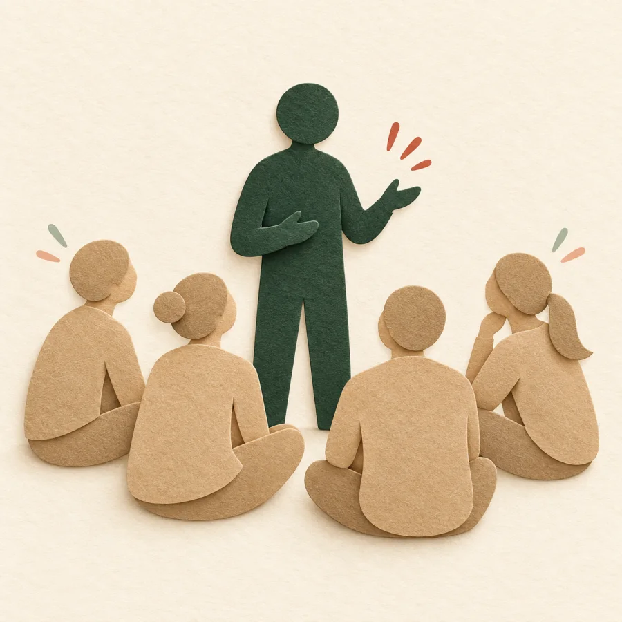 Listeners facing a speaker