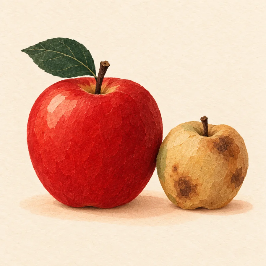 Una manzana impecable junto a una manzana golpeada