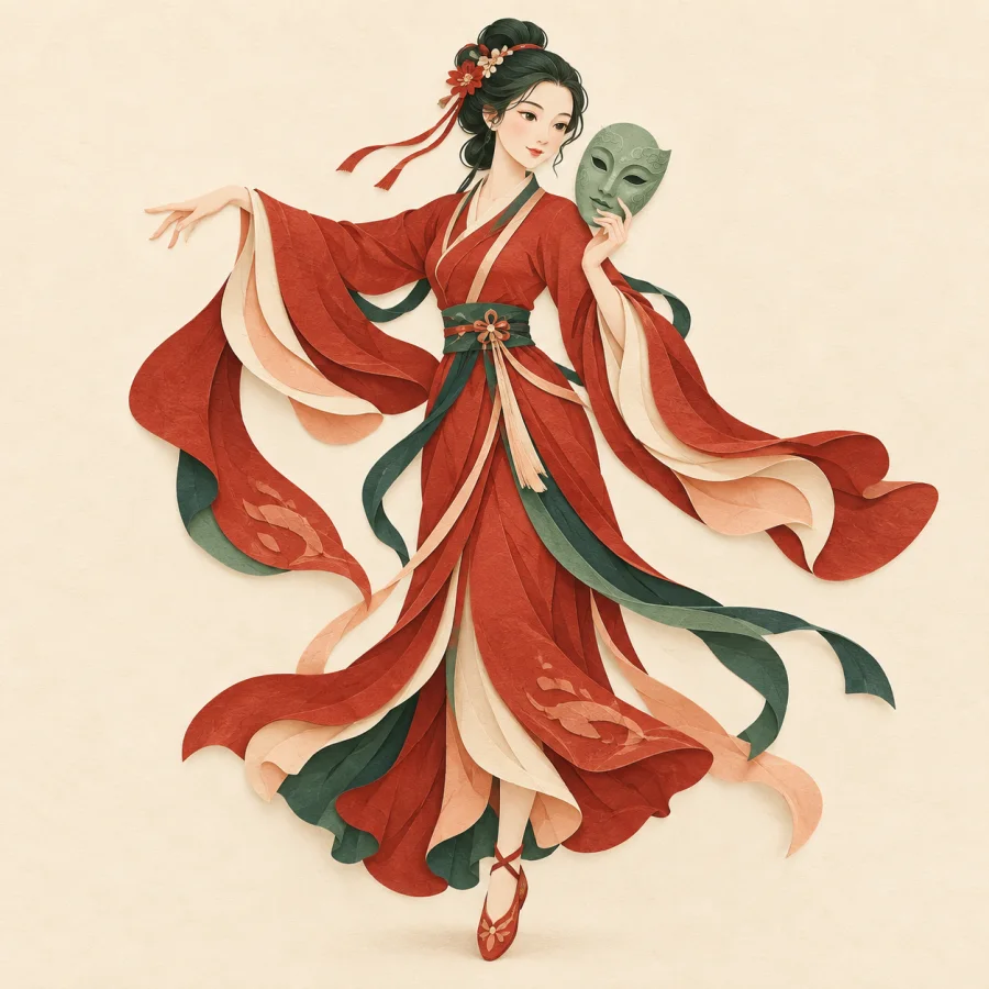 A dancer holding a mask
