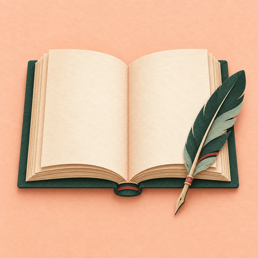 An open book with a quill