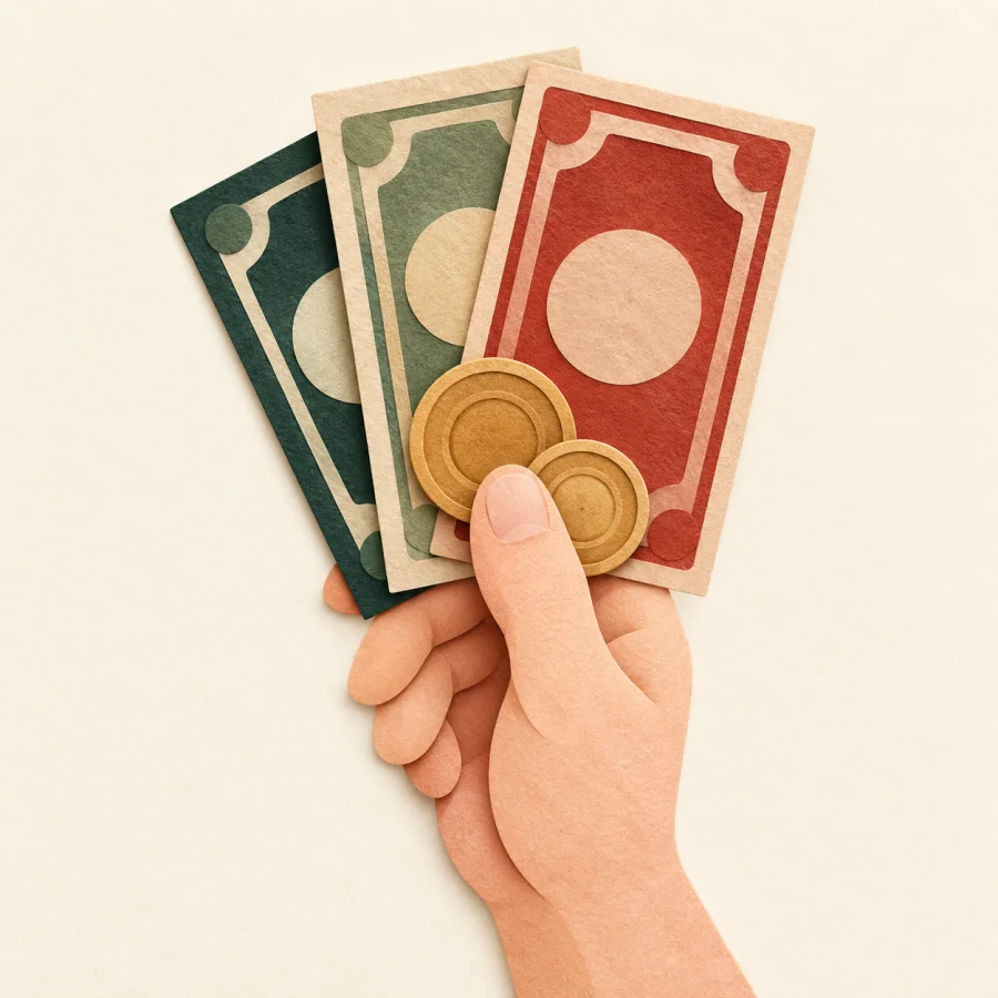 Une main tenant des billets et des pièces