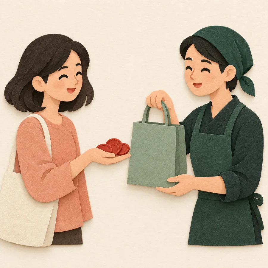 คนซื้อของกำลังจ่ายเงินให้พ่อค้า