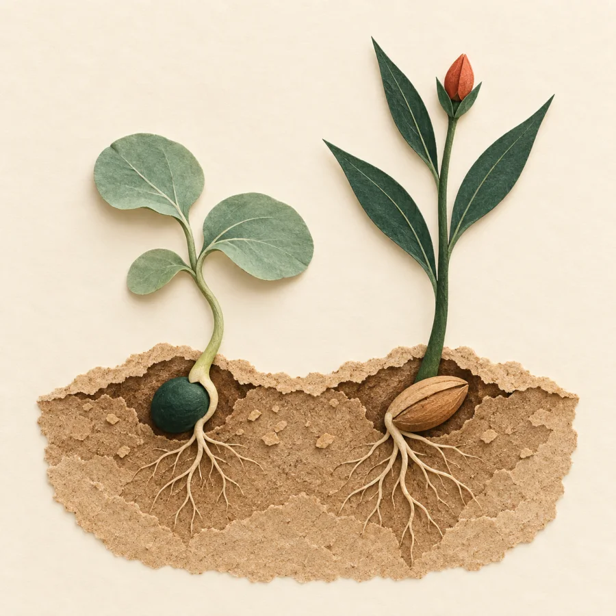 Dos semillas convirtiéndose en plantas diferentes