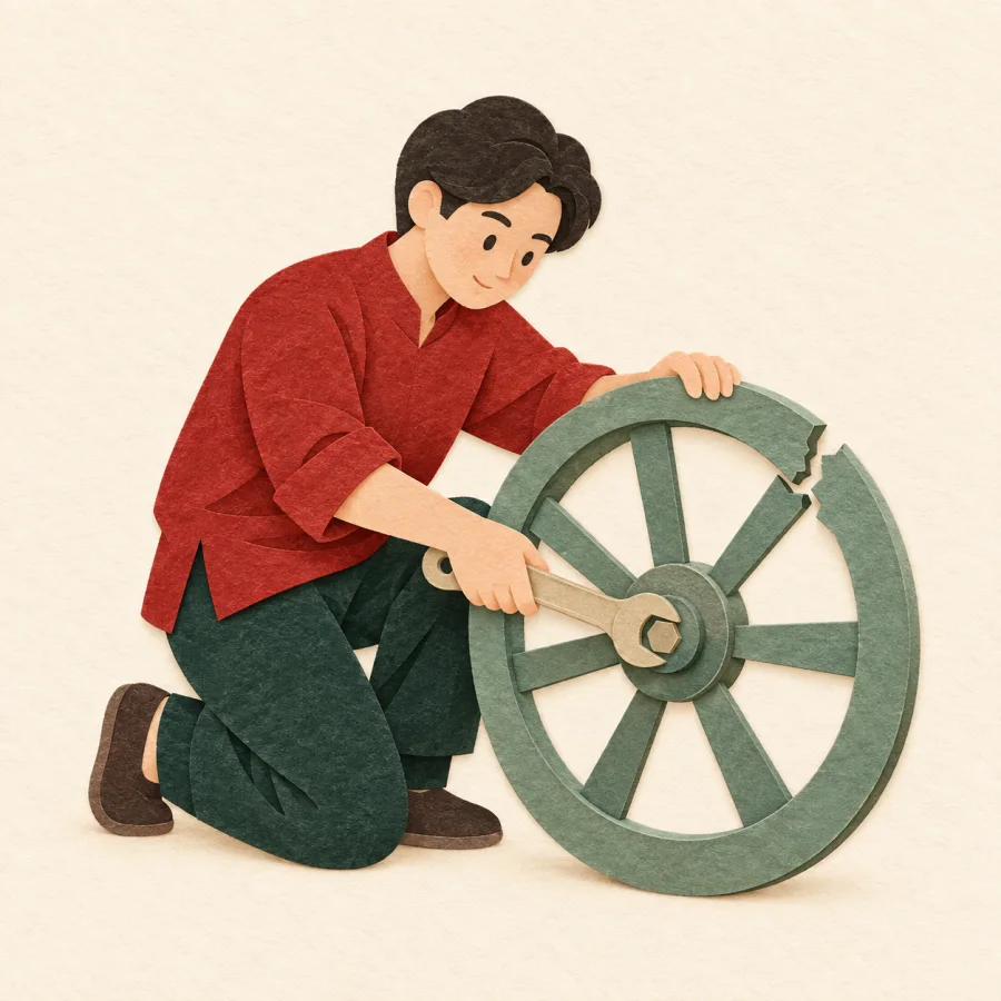 A person fixing a wheel