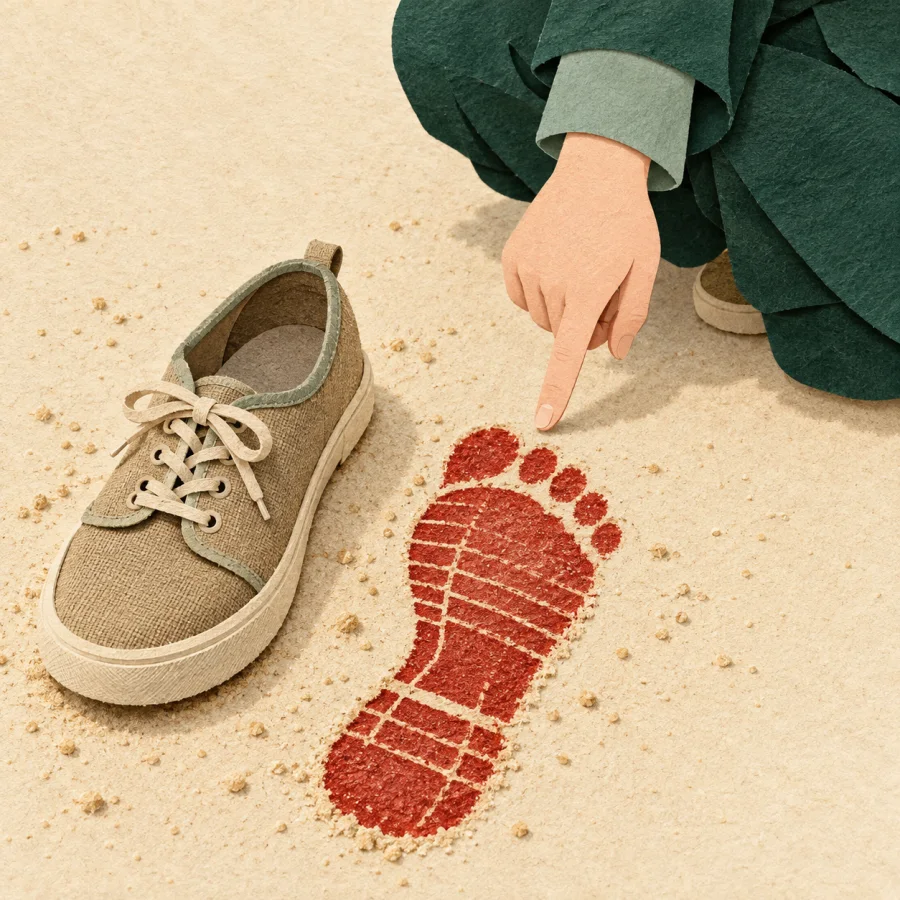 Ein Fußabdruck neben einem Schuh