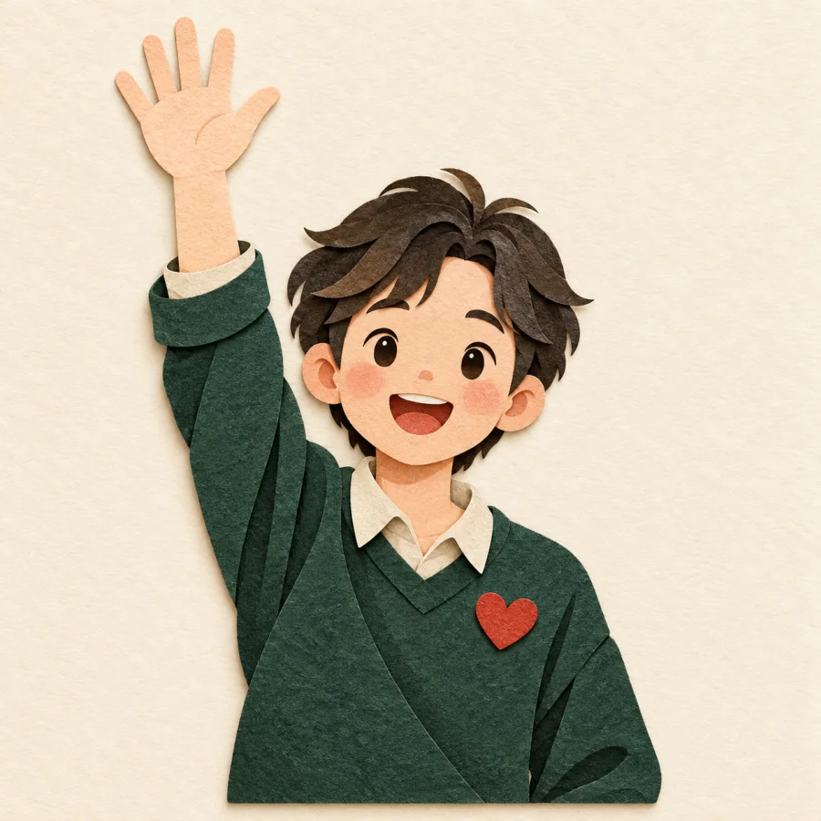 Eine junge Person, die die Hand hebt