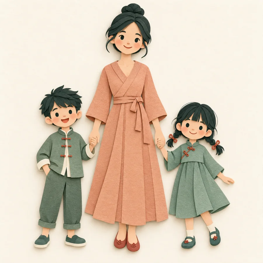 A parent with a boy and girl