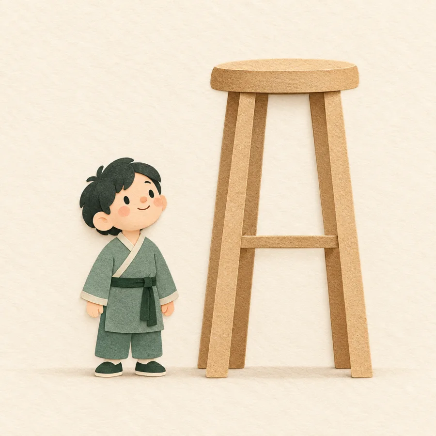 A short person beside a tall stool