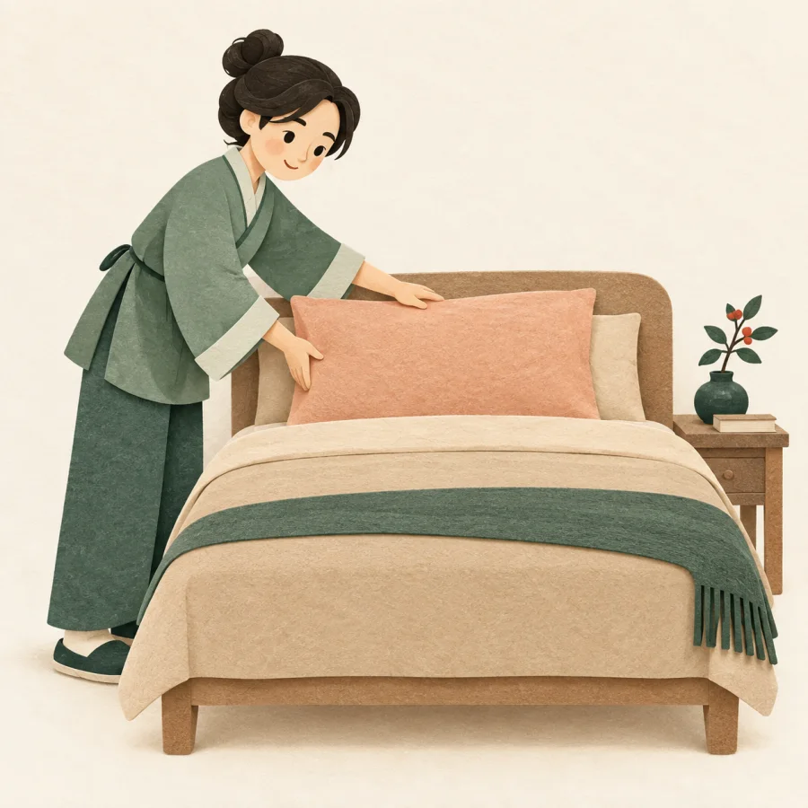 คนกำลังวางหมอนบนเตียง