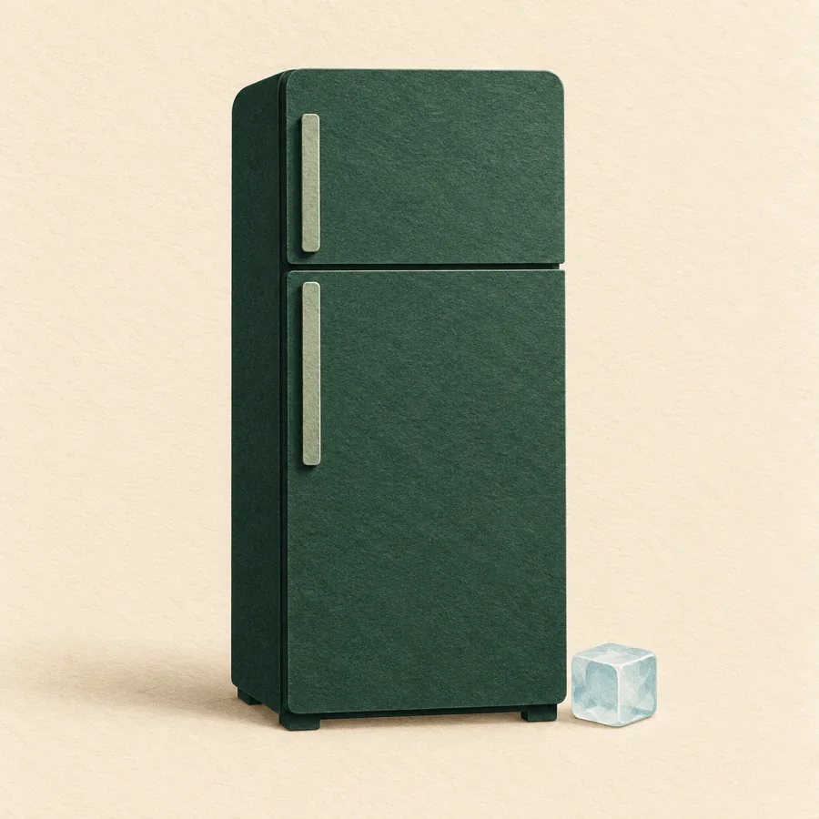 A closed fridge with an ice cube