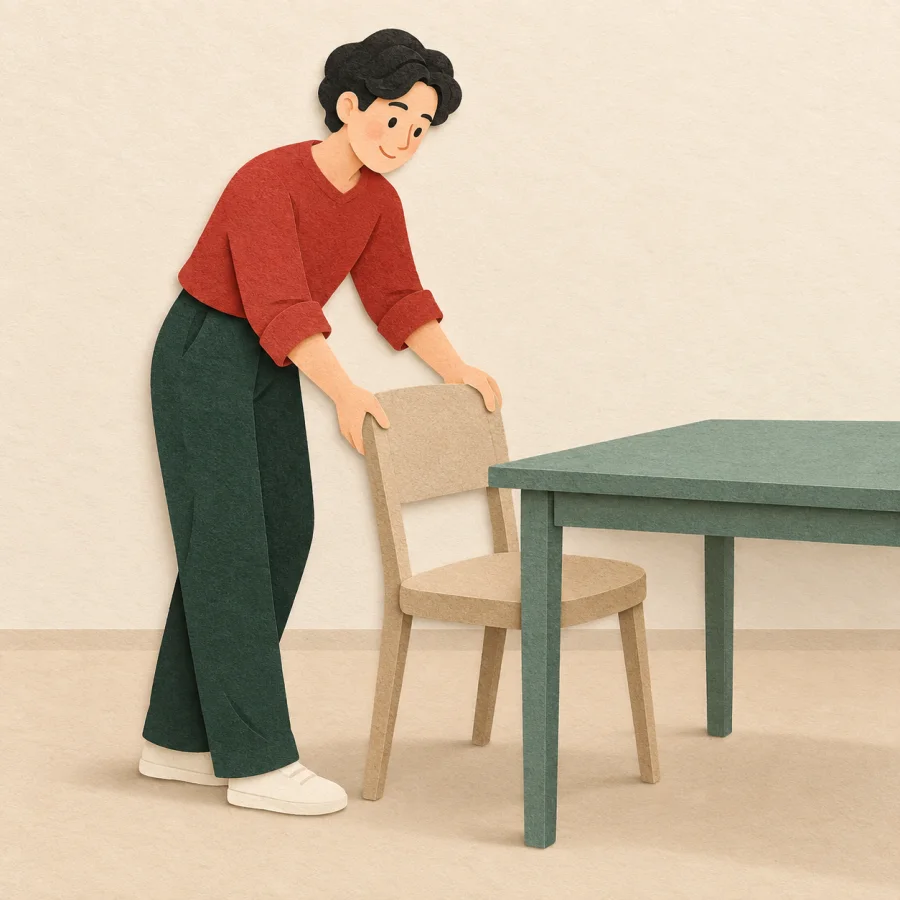 Uma pessoa arrumando móveis em um quarto