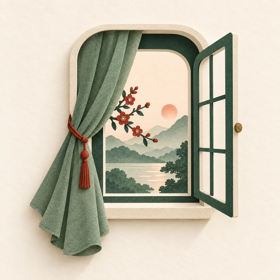 Ein geöffnetes Fenster mit Vorhang