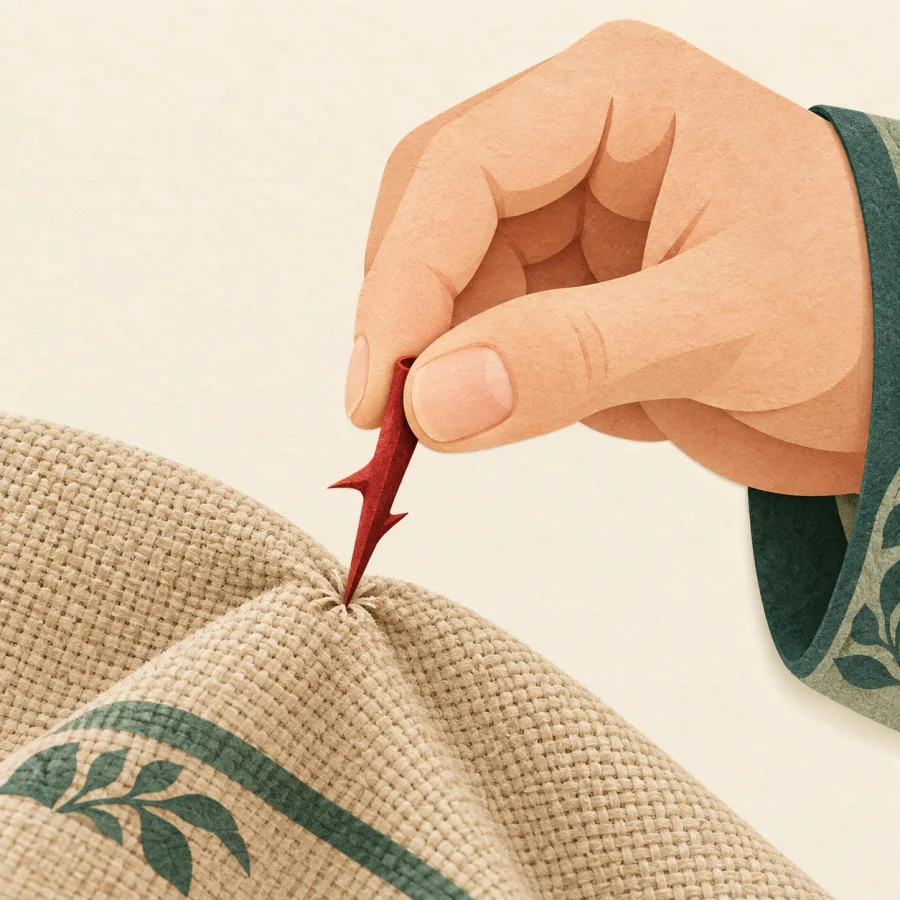 A hand pricking cloth with a thorn