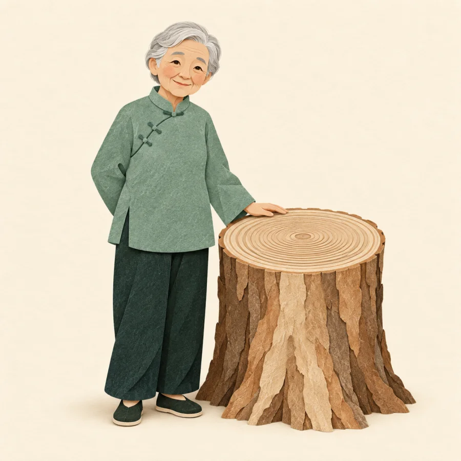 Une personne âgée à côté d'un tronc d'arbre