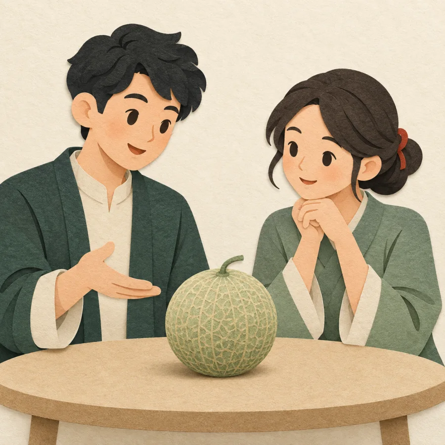 Dua orang sedang mengobrol tentang buah melon