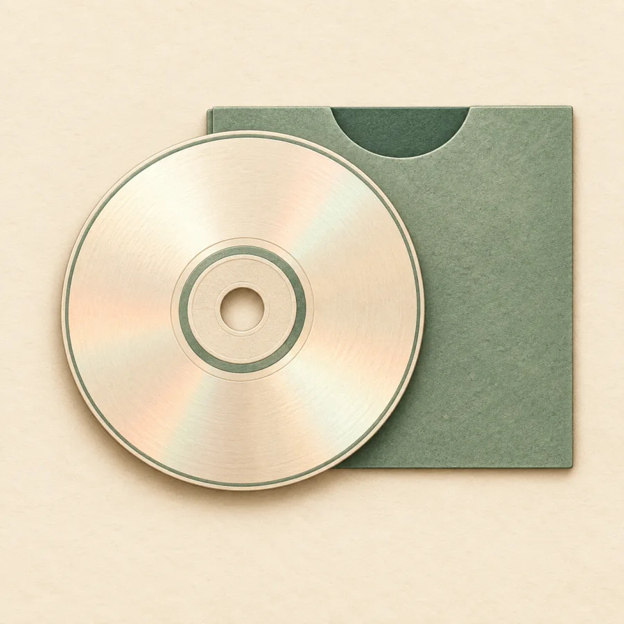 Eine runde CD neben einer Hülle