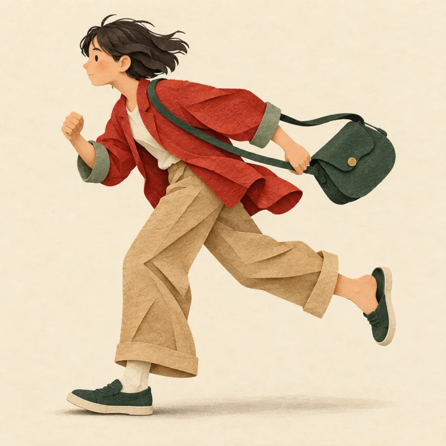 Uma pessoa apressada carregando uma bolsa
