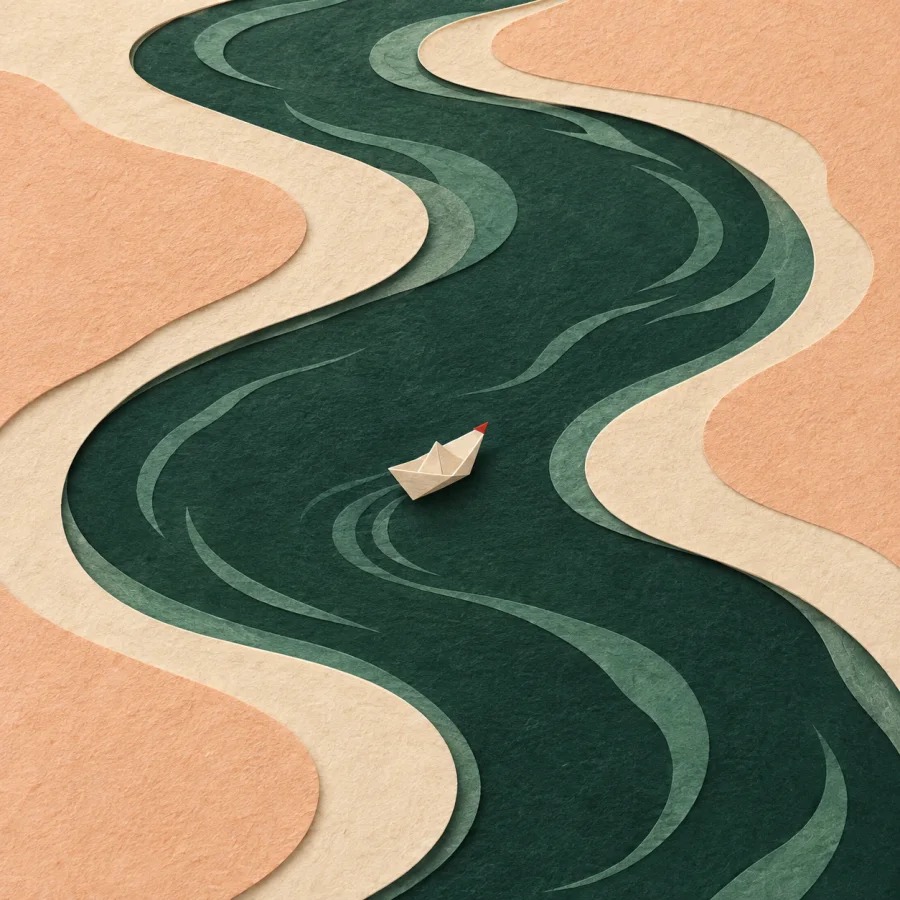 Um barco em um rio sinuoso