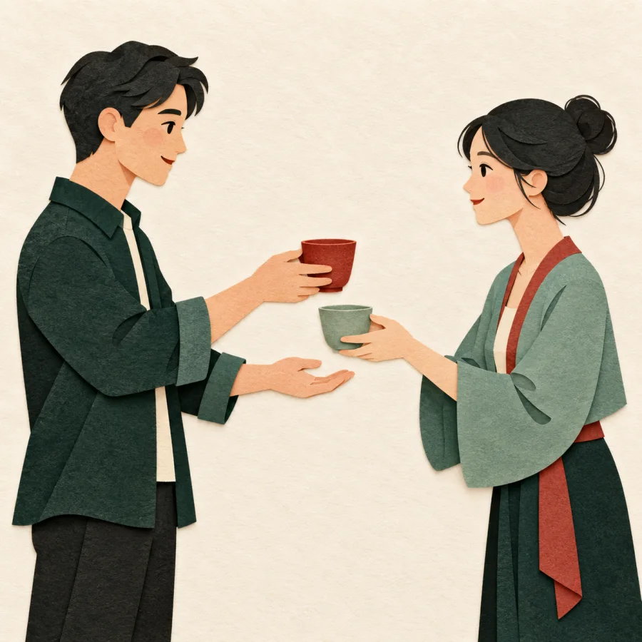 Deux personnes qui échangent des tasses