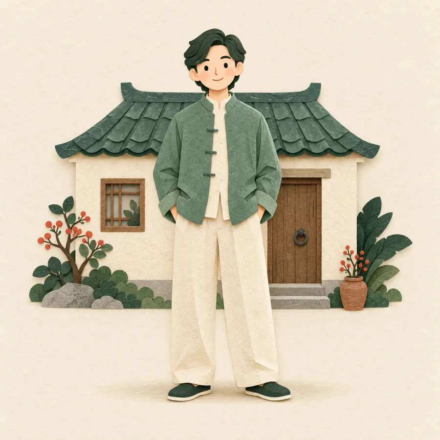 คนยืนอยู่หน้าบ้านหลังหนึ่ง