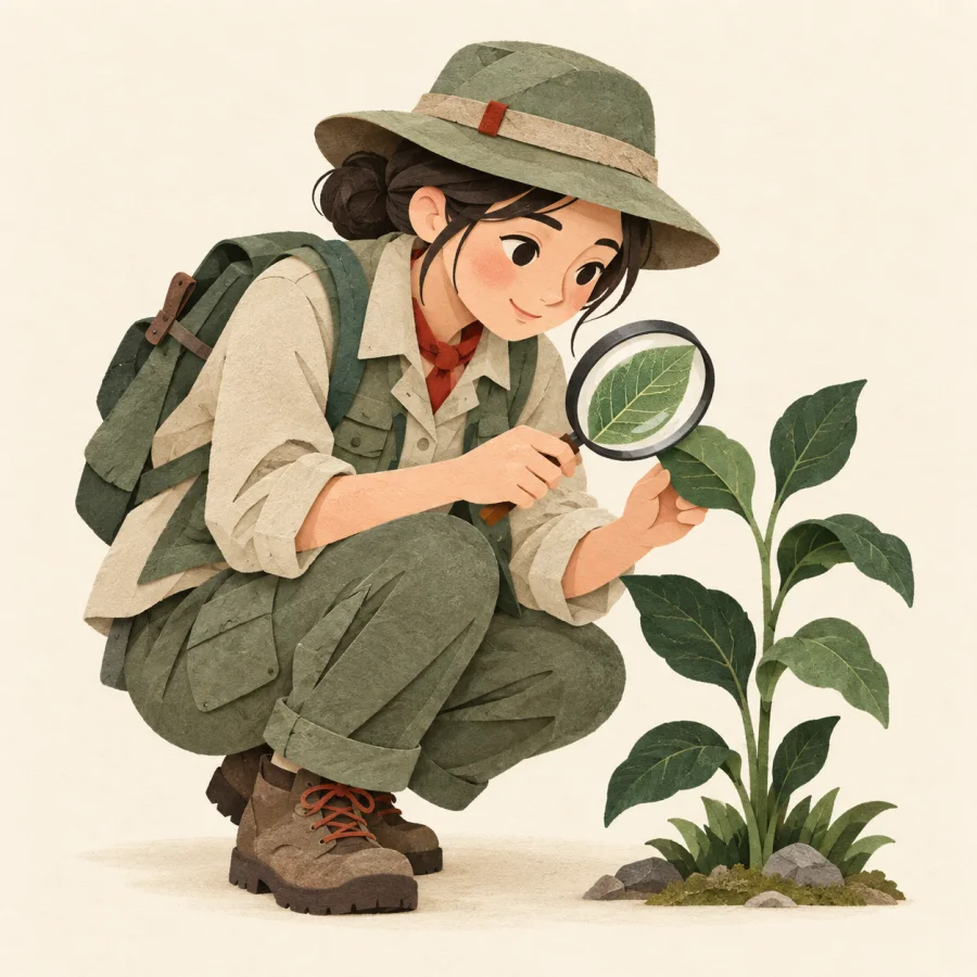 Um pesquisador inspecionando uma planta