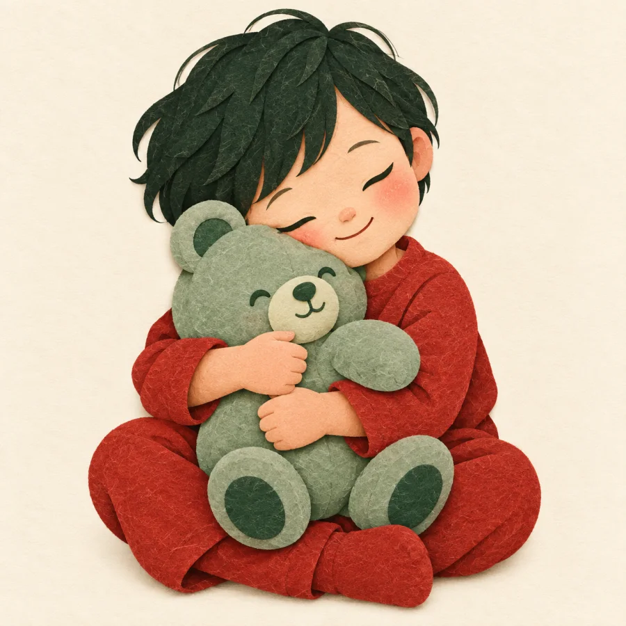 Anak kecil memeluk boneka beruang