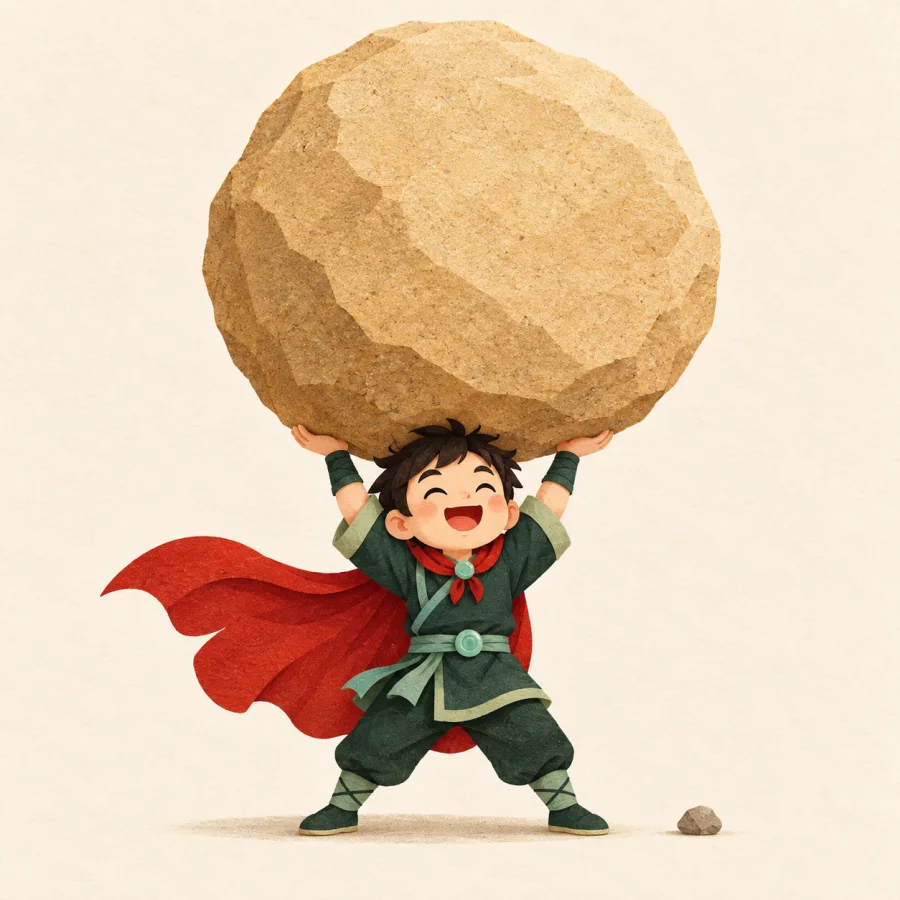 Un enfant soulevant un rocher