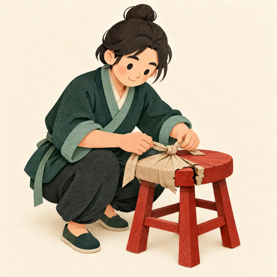A person fixing a broken stool