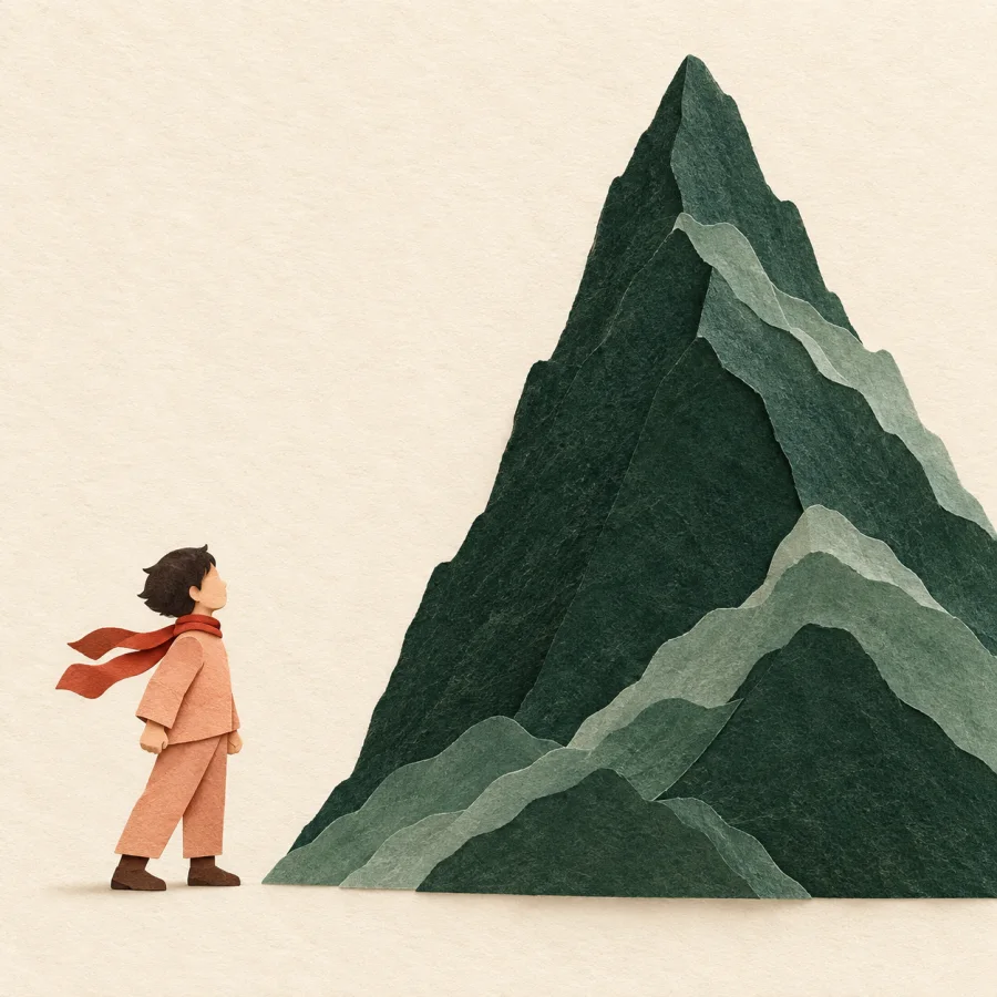 Una persona frente a una montaña
