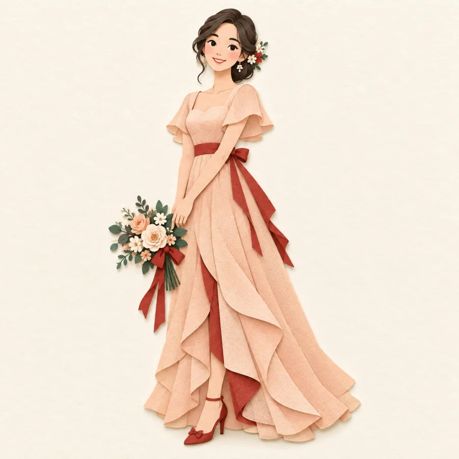 A woman beside a wedding bouquet
