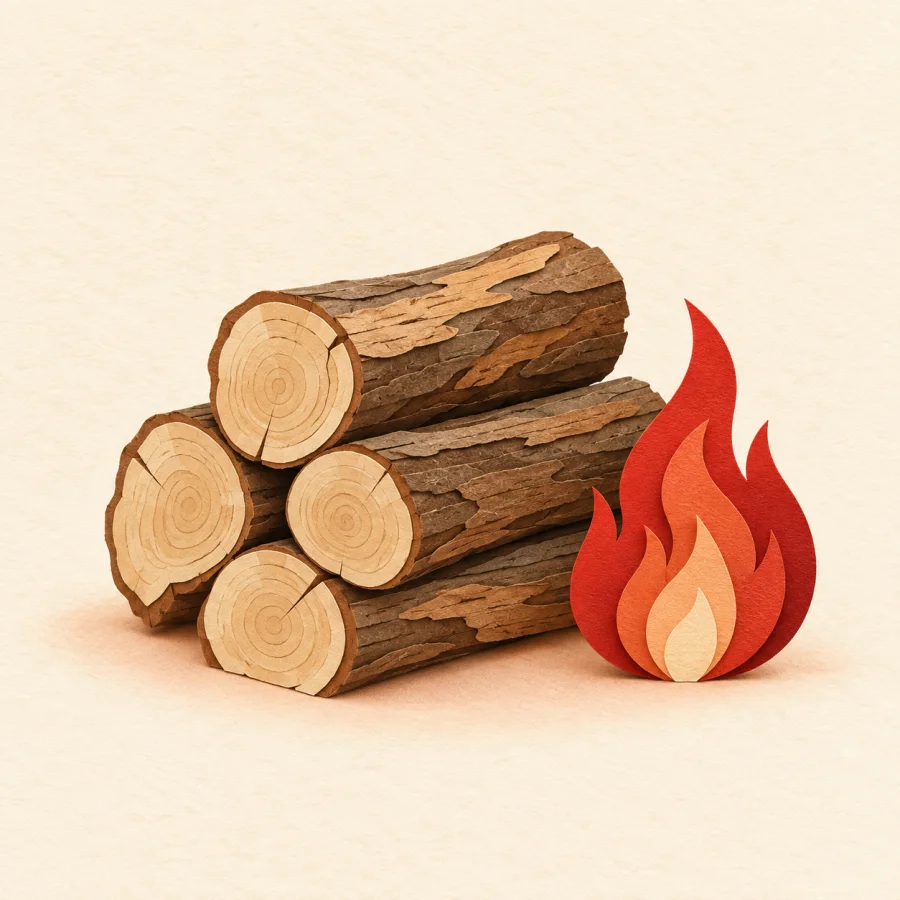 Ein Stapel Brennholz neben einer Flamme