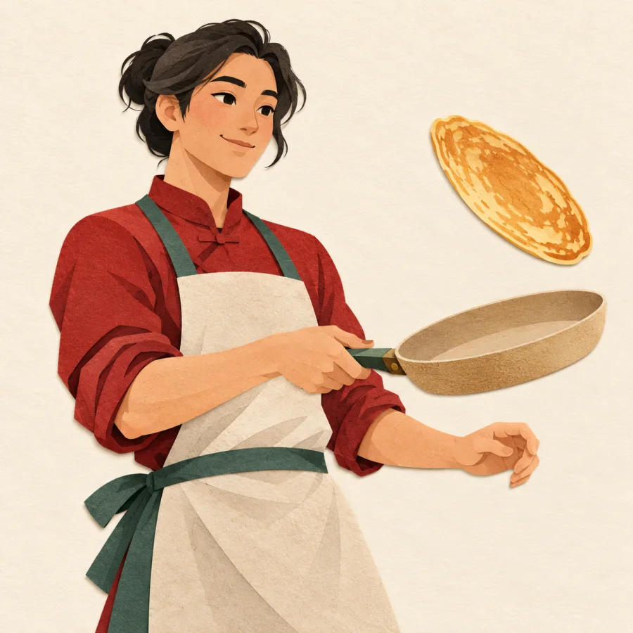 Un cocinero dando vuelta un panqueque