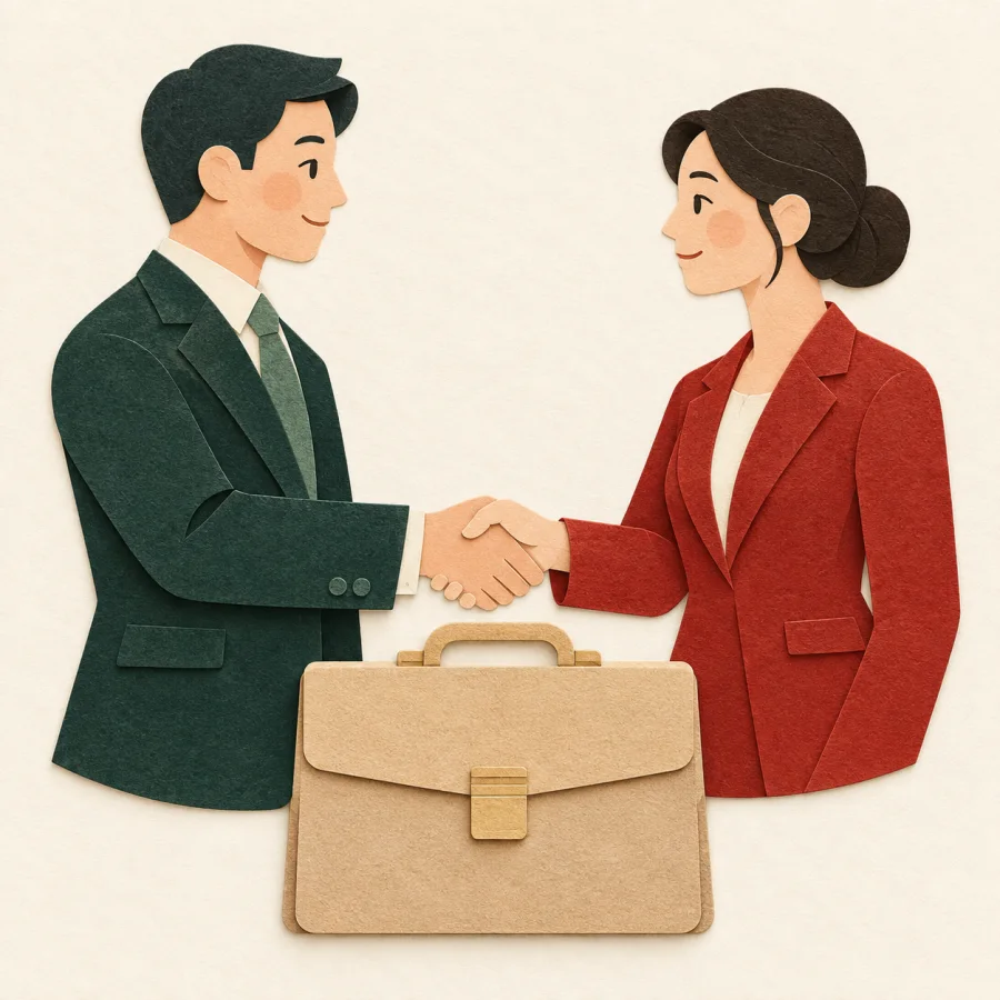 นักธุรกิจจับมือกันเหนือกระเป๋าเอกสาร