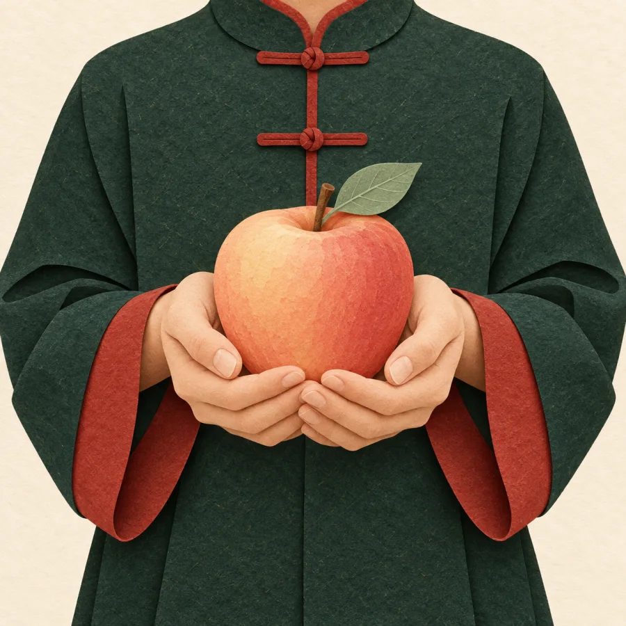 A person holding an apple