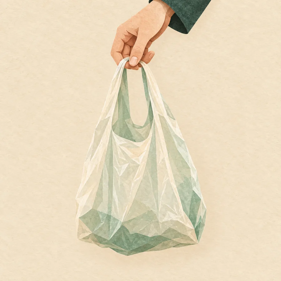 Eine Hand hält eine Plastiktüte mit Henkeln