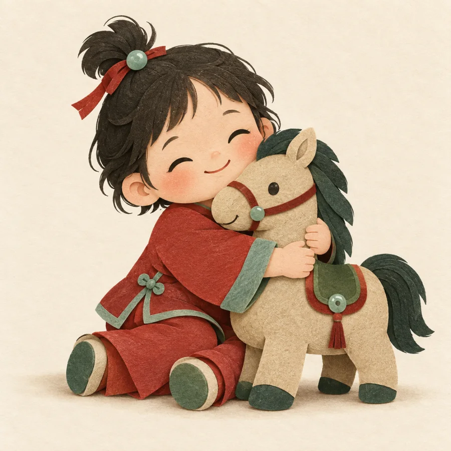 A child hugging a toy horse