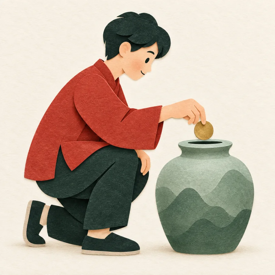 Una persona metiendo una moneda en un frasco