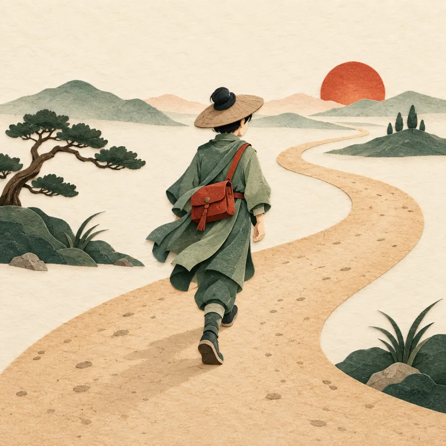 A traveler walking along a road
